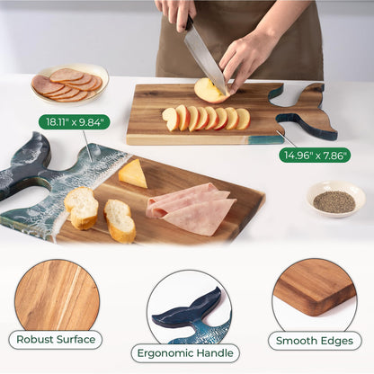 Whale Tail Serving Board, 15"x 7.9" Acacia Wood Ocean Resin Art Charcuterie Cheese Tray for Meal Prep, Fruit or Meat Display, Cutting Board on Back, Unique Gift for Women, Housewarming Gift