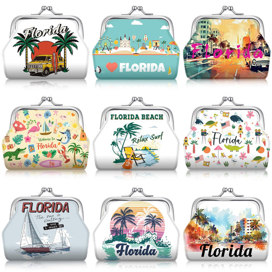 9 Pcs Florida Souvenir Coin Purse Bulk for Women Souvenirs Gifts Change Wallet City Travel Vintage Kiss Lock Change Purses Bulk for Ladies Women Mother Teacher