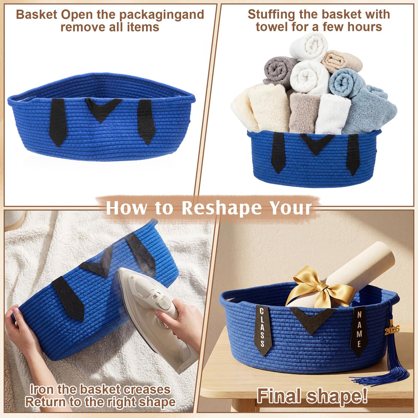 Colingmill Class of 2026 Senior Graduation Gift Basket Empty, 14x10x5.5 Inch Woven Rope Basket with Grad Design Bag & Ribbon Letter Stickers Tassel & Card Decorative DIY Congrats Gift(Black and Blue)