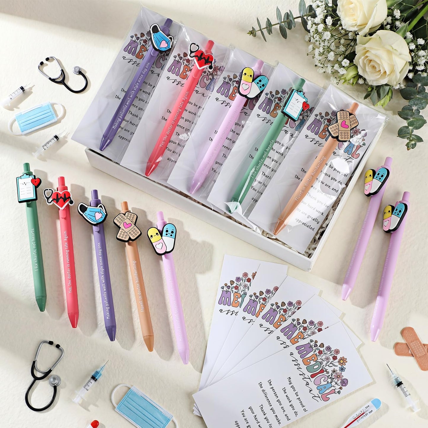 Gersoniel 12 Sets Medical Assistant Gifts Funny Ballpoint Pens with Thank You Cards for Medical Assistant Week Appreciation Party Favors 5 Styles Office Accessories Essentials
