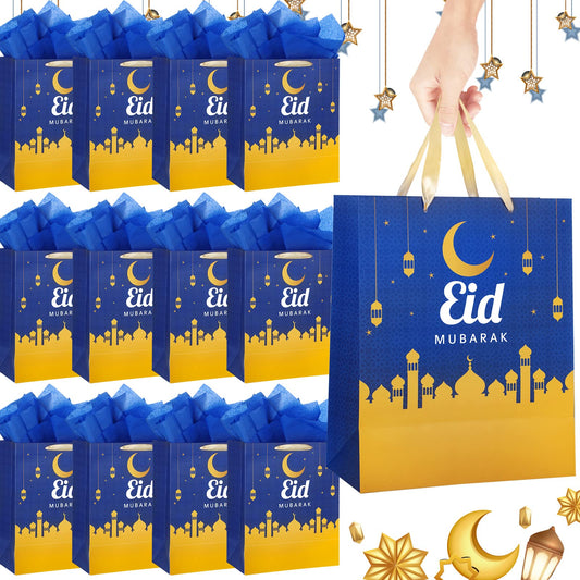 Crtiin 12 Pack Eid Mubarak Gift Bags with Handle 13" Large Paper Eid Gift Bags with Tissue Paper Eid Mubarak Bags Ramadan Gift Bags Eid Goodie Bags Muslim Ramadan Gift Bags for Eid Party Supplies