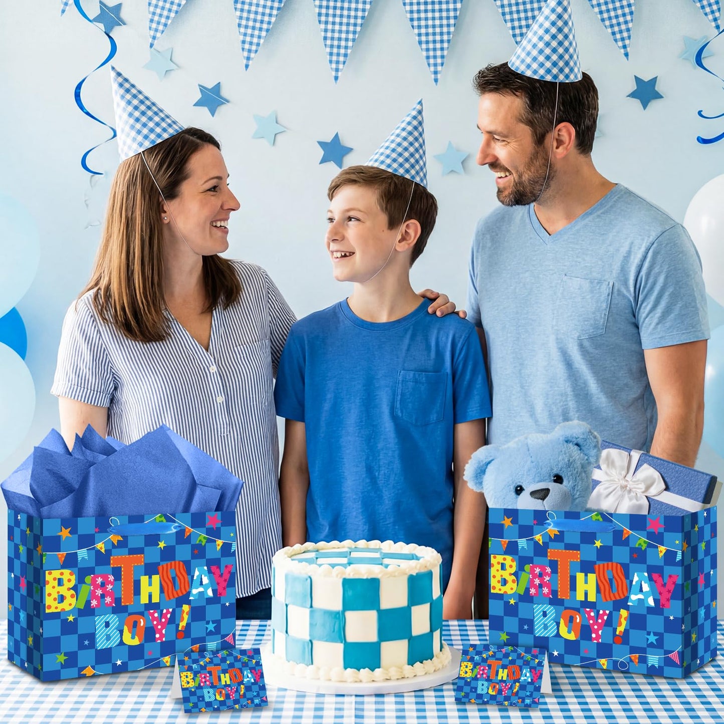 Innovoscape Blue Birthday Gift Bag for Boys Birthday Favor Bag with Tissue Paper and Card Colorful Happy Birthday Bag for Kids Boys Birthday Party Baby Shower