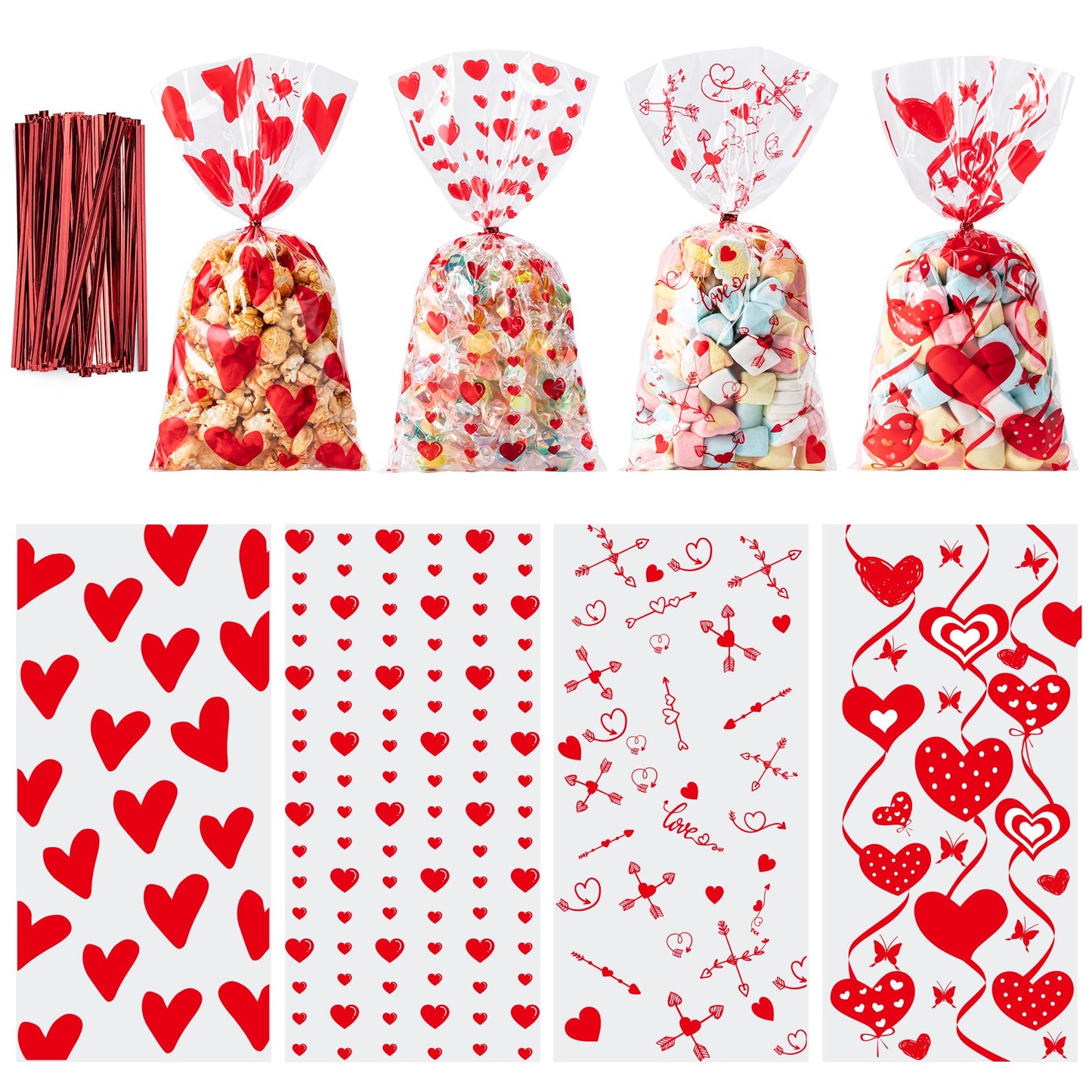 Aegero Valentines Cellophane Bags 120pcs Valentines Candy Bags with 140pcs Twists for Valentine's Candy Cookie Goodie Snack Bag for Valentines Day Wedding Party Favor Supplies,Classroom Parties Valentine02-Red Heart