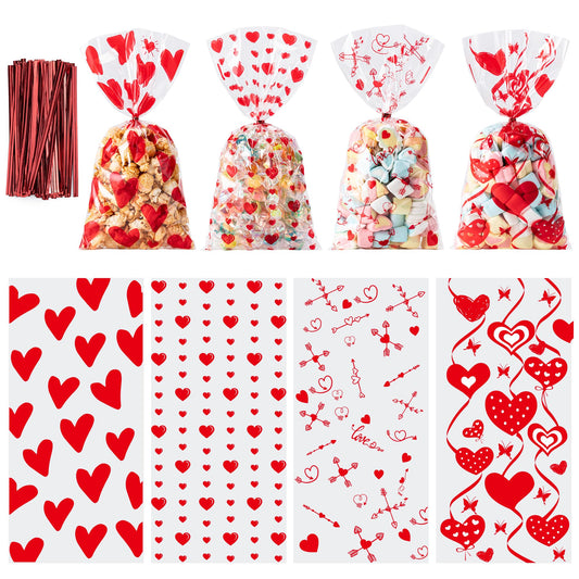 Aegero Valentines Cellophane Bags 120pcs Valentines Candy Bags with 140pcs Twists for Valentine's Candy Cookie Goodie Snack Bag for Valentines Day Wedding Party Favor Supplies,Classroom Parties Valentine02-Red Heart