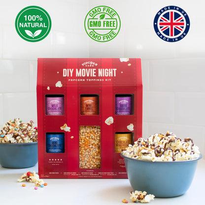 DIY Movie Night Popcorn Toppings Kit, Make Your Own Popcorn, Five Delicious Popcorn Toppings + 500g Popcorn Kernels, Fun for Kids, Adults and Date Night