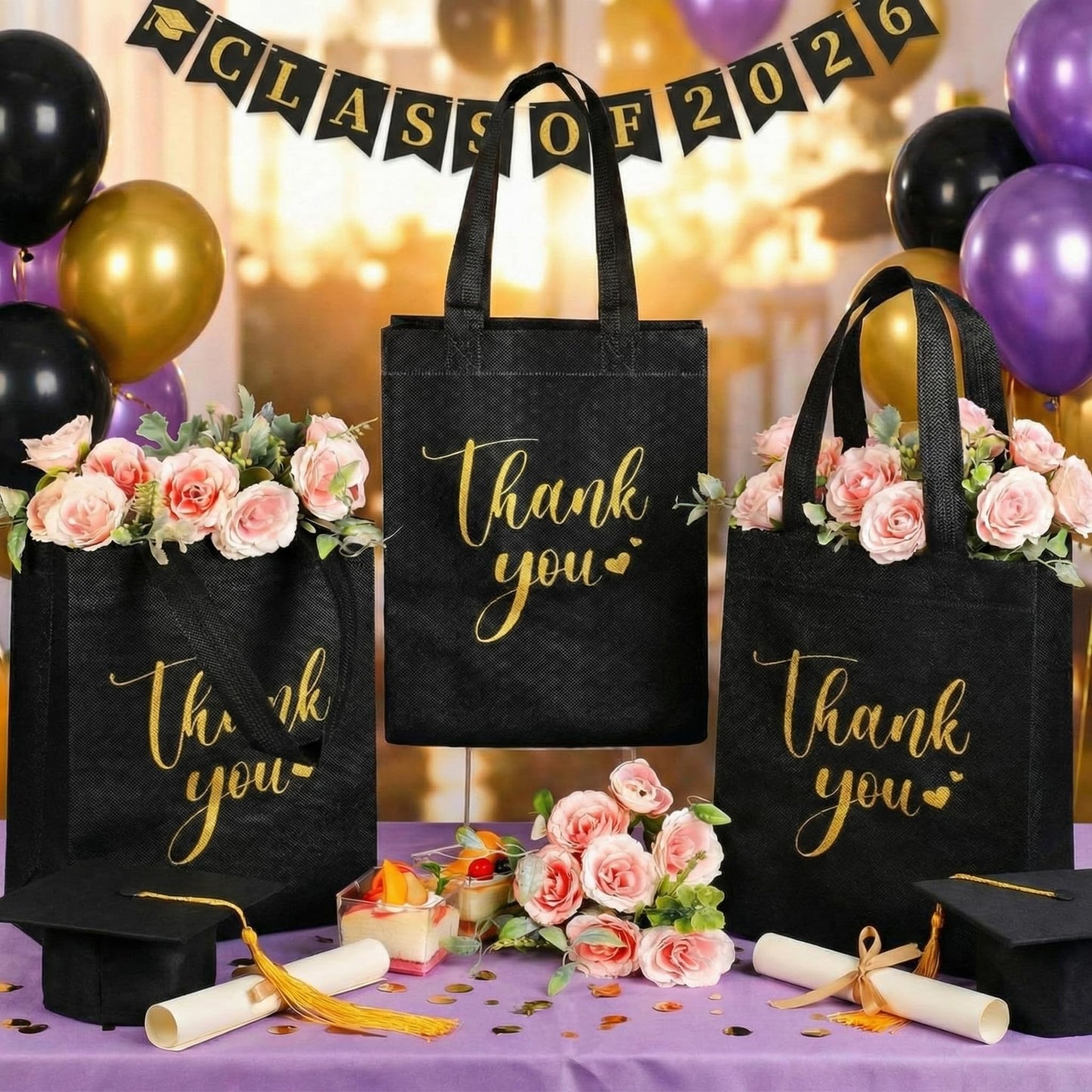Sweetude 30 Pcs Thank You Gift Bags with Handles, Reusable Non Woven Foldable Goodie Bags Bulk for Graduation Teacher Appreciation Wedding Bridesmaid Favors(10 x 8 x 4 Inch,Black)