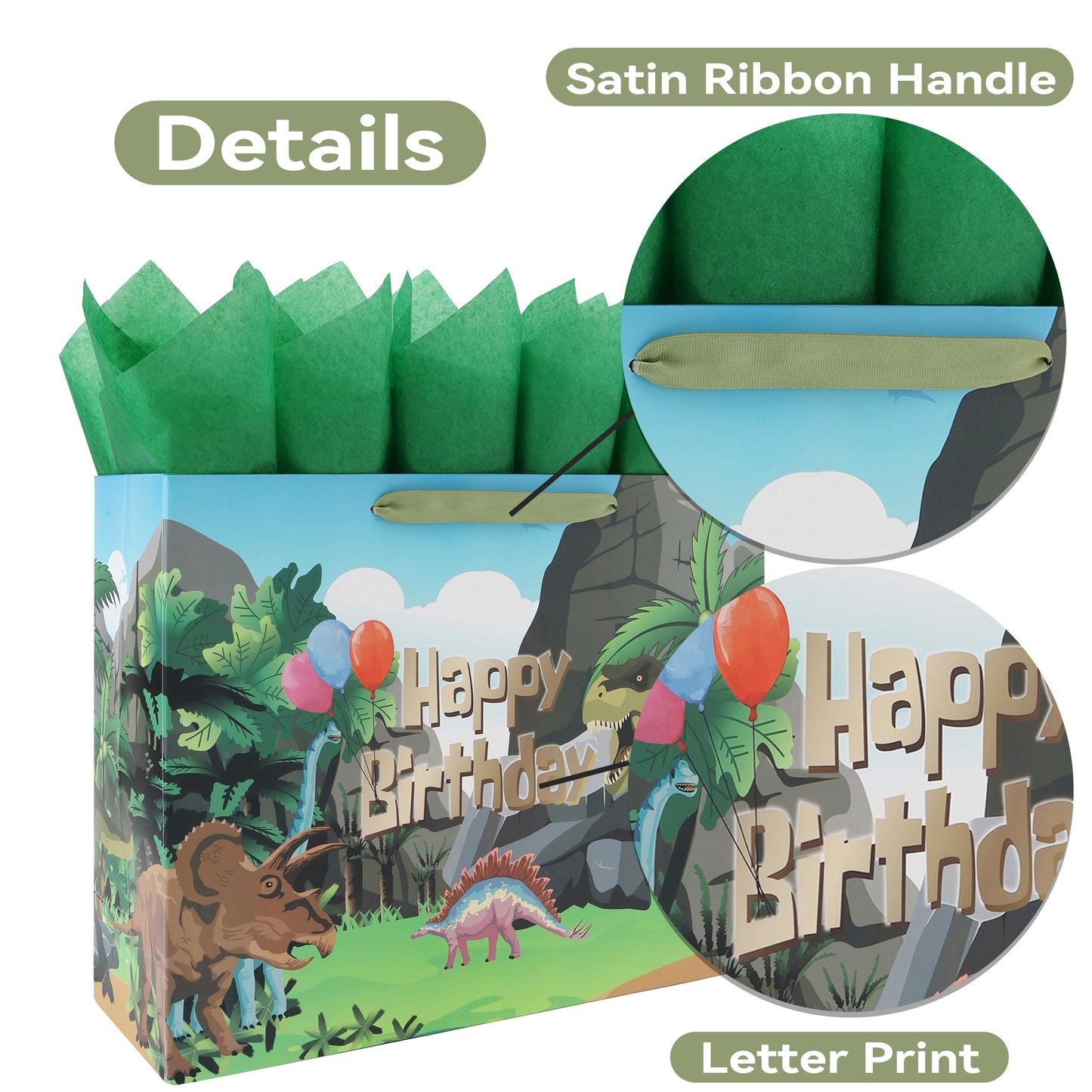 16.5'' Extra Large Dinosaur Birthday Gift Bag Set with Handles, Greeting Card, Black Tissue Papers and Stickers for Boys Kids Teens, Dinosaur Design, 1 Pcs