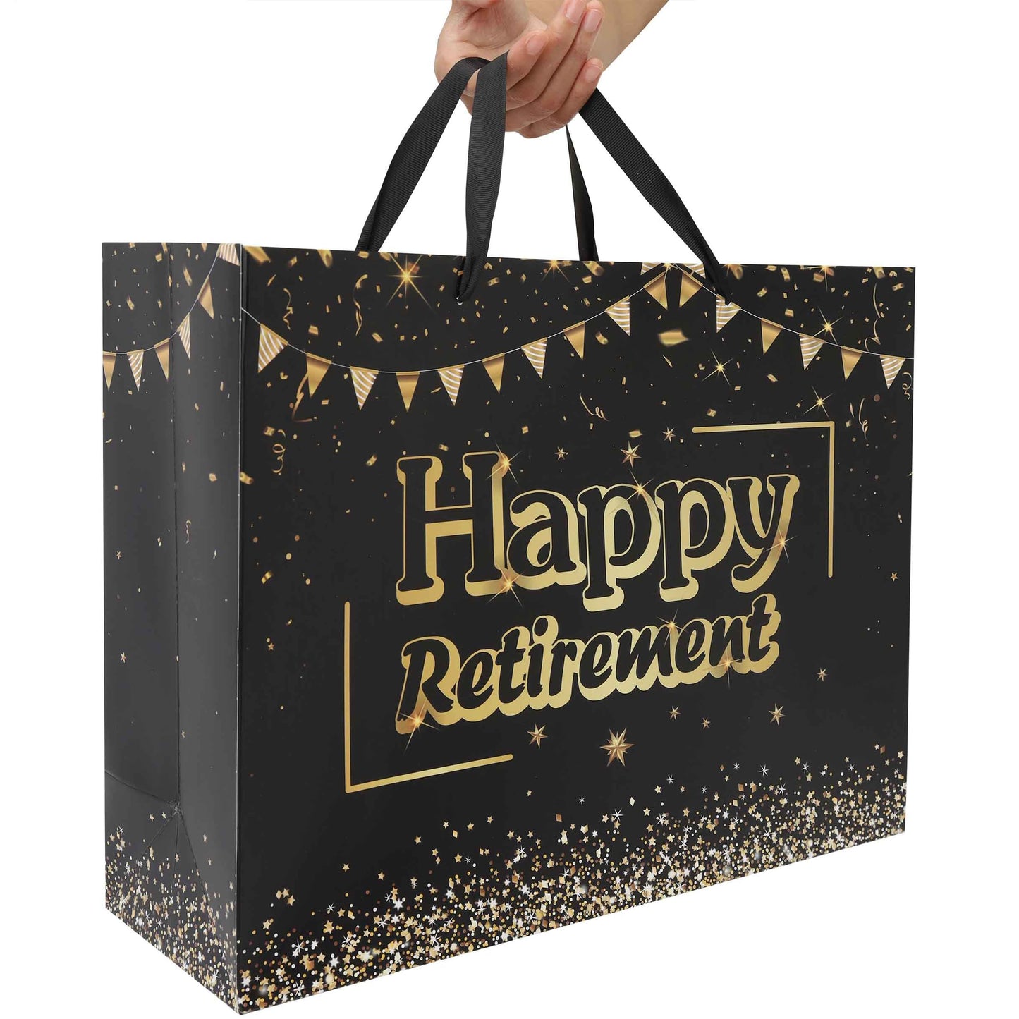 16.5” Extra Large Black Retirement Gift Bag Set with Handles, Greeting Card, Tissue Papers and Stickers for Men Women Office Coworker, Farewell Going Away Party, Happy Retirement Design, 1 Pcs