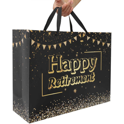 16.5” Extra Large Black Retirement Gift Bag Set with Handles, Greeting Card, Tissue Papers and Stickers for Men Women Office Coworker, Farewell Going Away Party, Happy Retirement Design, 1 Pcs