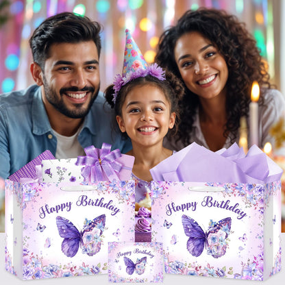 LUUFILx Butterfly Birthday Gift Bag for Girls Women Butterfly Flower Party Favor Bags with Wrapping Paper Card Purple Pink Floral Gift Bag for Baby Shower Birthday Decorations Party Supplies (Purple)