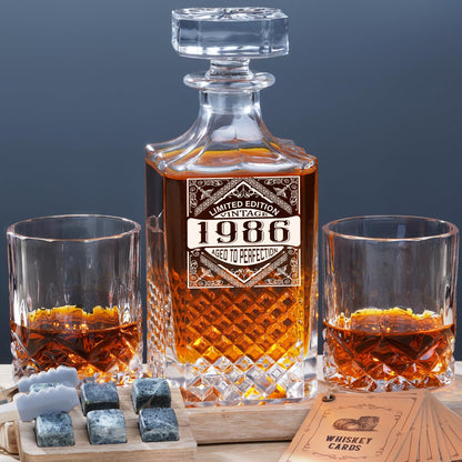 PONPUR 40th Birthday Gifts For Men Dad, 1986 Laser Whiskey Decanter Set with Gift Box, Anniversary Birthday Gift Ideas for Him Husband, 40 Years Bday Decorations, Whiskey Glasses & Whisky Stones Inc
