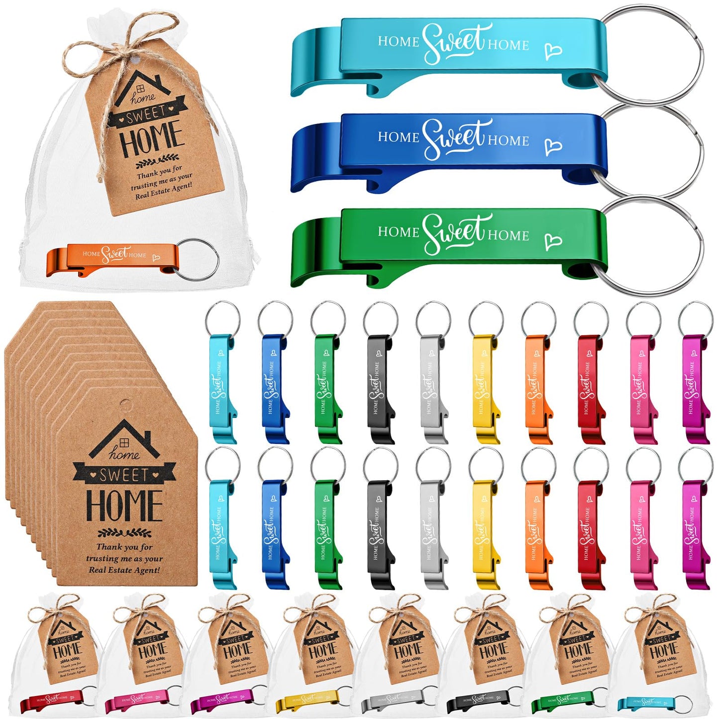 Tondiamo 20 Sets Estate Agent Gifts for Clients Bulk Home Sweet Bottle Opener Keychains Thank You Cards and Organza Bags Real Estate Agent Supplies Closing Gifts for Home Buyers