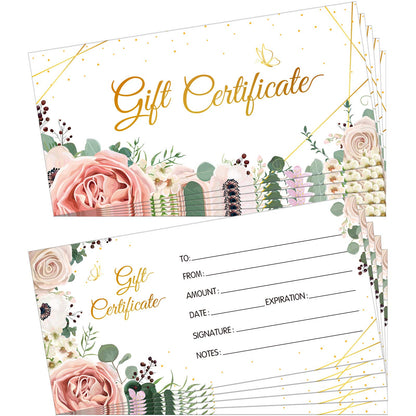 Zonon 100 Pcs gift certificates for business Blank Present Certificate Double Sided Floral Gold Foil Customer Client Paper Voucher Cards for Birthday, Spa, Work Business Present Card, 4.8 x 2.4 Inch