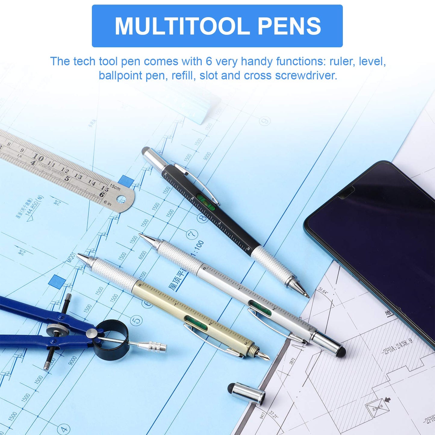 Honoson 30 Pcs Father's Day Multi Tool Pens Gift Pen Bulk for Men 6-in-1 Multitool Pen with Ruler, Level Gauge, Ballpoint, Stylus, Screwdrive Multifunction Birthday Gifts (Multi Color)