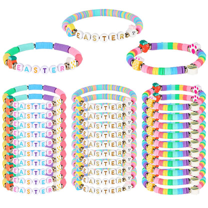 Landical 30 Pcs Easter Party Bracelets Gifts Bulk Easter Bunny Egg Carrot Polymer Clay Beaded Stretch Bracelets Bulk for Party Supplies Basket Stuffers Egg Fillers Gifts for Kids Easters Hunt