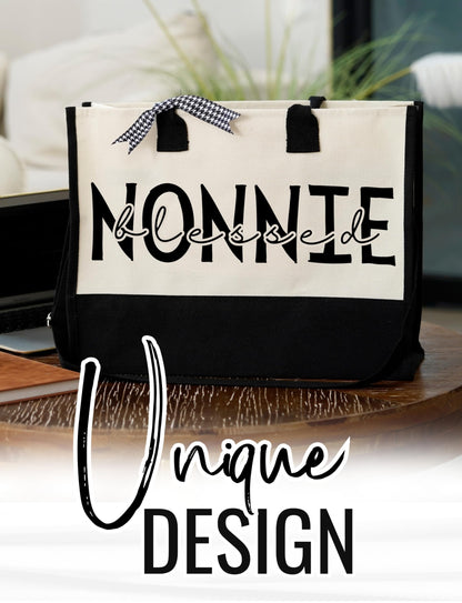 InnoBeta Nonnie Gifts for Grandma, Canvas Tote Bag on Christmas or Birthday & Mother's Day, Tote with Top Zipper Closure and Shoulder Strap - Blessed Nonnie