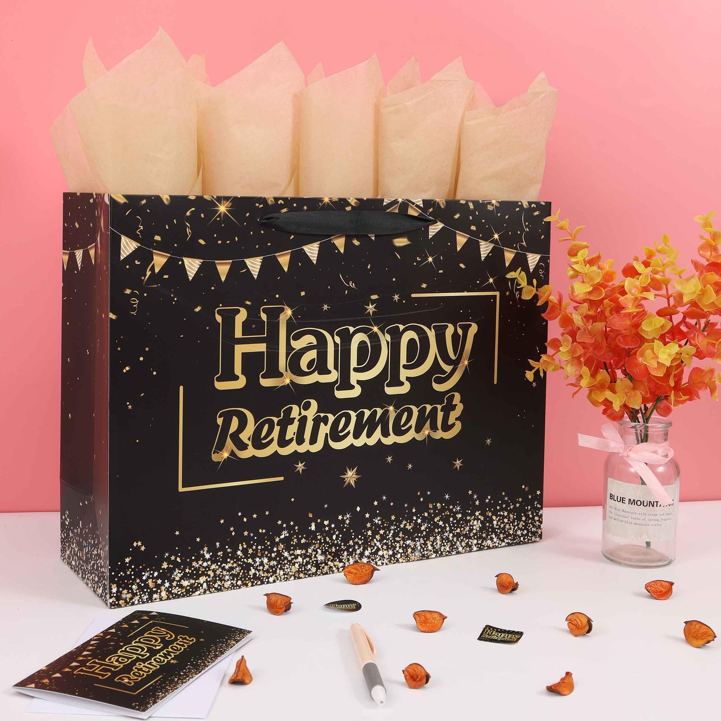 16.5” Extra Large Black Retirement Gift Bag Set with Handles, Greeting Card, Tissue Papers and Stickers for Men Women Office Coworker, Farewell Going Away Party, Happy Retirement Design, 1 Pcs