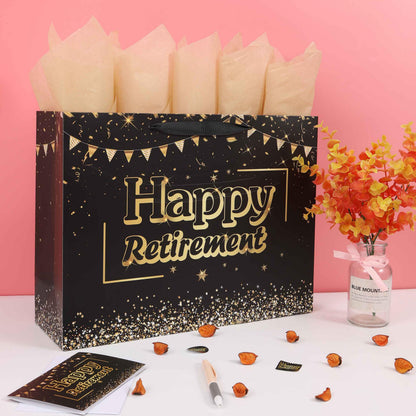 16.5” Extra Large Black Retirement Gift Bag Set with Handles, Greeting Card, Tissue Papers and Stickers for Men Women Office Coworker, Farewell Going Away Party, Happy Retirement Design, 1 Pcs