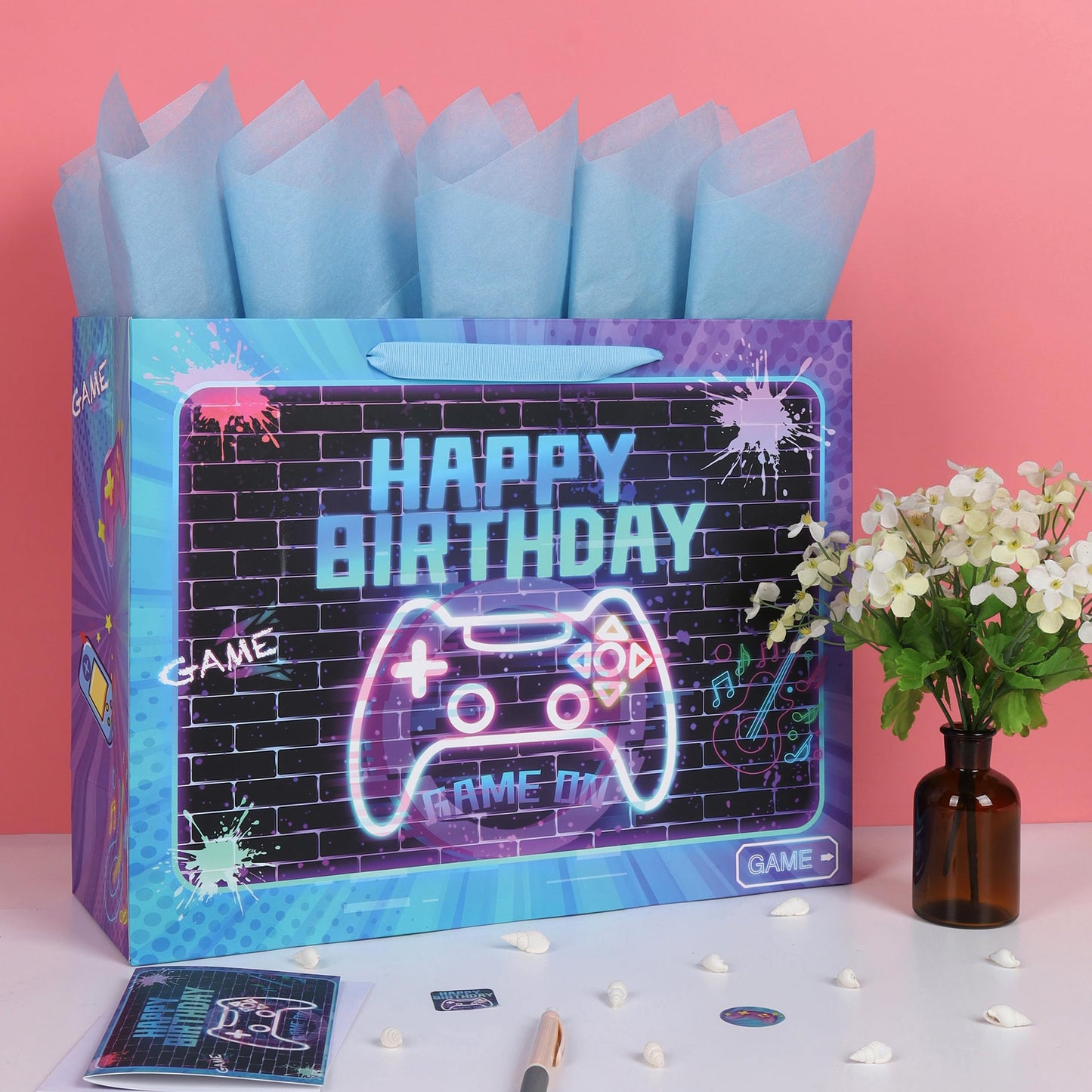 wishinside 16.5'' Extra Large Gamer-themed Birthday Gift Bag Set with Handles, Greeting Card, Tissue Papers and Stickers for Boys Girls Kids Teens Men Women, Game Design, 1 Pcs