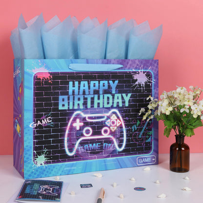 wishinside 16.5'' Extra Large Gamer-themed Birthday Gift Bag Set with Handles, Greeting Card, Tissue Papers and Stickers for Boys Girls Kids Teens Men Women, Game Design, 1 Pcs
