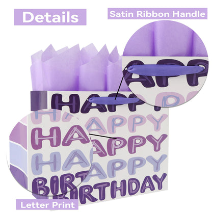 Qirrmiy 13'' Large Purple Happy Birthday Gift Bag Set with Handles, Greeting Card, Tissue Papers and Stickers for Women Girls Kids Teens, Words Design, 1 Pcs