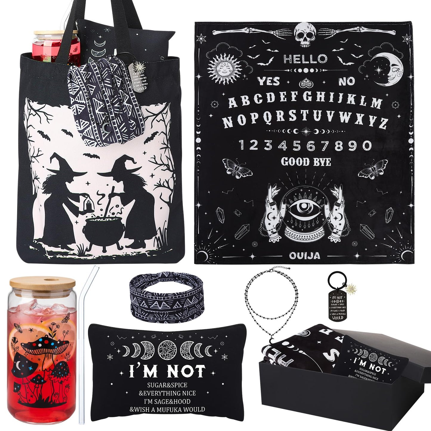 7 Pcs Witchy Gifts for Women Gothic Ouija Blanket Astrology Witch Canvas Tote Bag Makeup Bag Glass Cup Necklace Witchy Stuff Spooky Favors Gothic Gifts for Women
