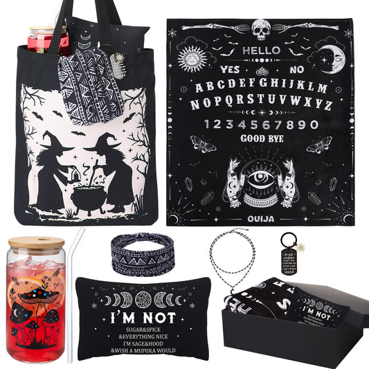 7 Pcs Witchy Gifts for Women Gothic Ouija Blanket Astrology Witch Canvas Tote Bag Makeup Bag Glass Cup Necklace Witchy Stuff Spooky Favors Gothic Gifts for Women