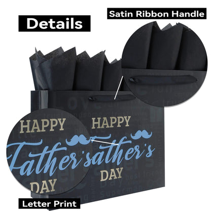 Qirrmiy 16.5'' Extra Large Father's Day Bag Gift Bag Set with Handles, Greeting Card, Black Tissue Papers and Stickers for Men for Best Dad Ever, Dad Day, Father's Day Design, 1 Pcs