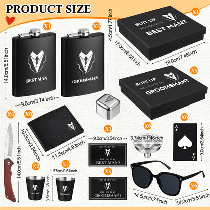 Mimorou 66 Pcs Groomsmen Proposal Gifts - Shot Glasses, Stainless Steel Ice, Flask, Funnel, Gift Boxes, Sunglasses, Knives, Bottle Opener, Cards, Wallets for Wedding Groomsmen Present Set