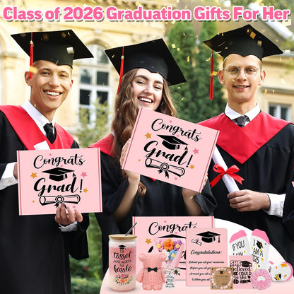 12 Pieces 2026 Graduation Gift Box Set, Class of 2026 Graduation Gift Basket with 16 Oz Glass, Socks, Bear Towel, Journal Notebook, Makeup Bag, Bracelet, Keychain for High School College Gifts