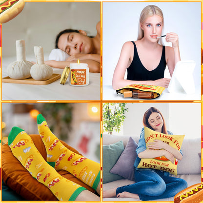 Buryeah 9 Pcs Hot Dog Present for Women Mothers Day Hot Dog Set Gifts Include 60 x 50'' Blanket Mug Makeup Bag Tote Bag Pillowcase Socks Keychain Candle Greeting Card Present for Friends
