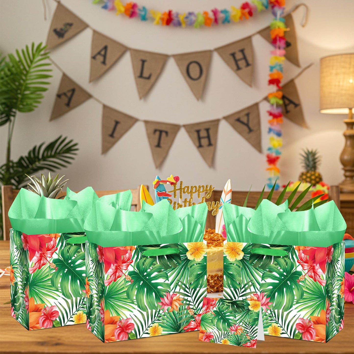 Luau Hawaiian Gift Bag Aloha Tropical Birthday Wrapping Paper Bag with Tissue Paper and Greeting Card Summer Palm Leaves Goodie Treat Bags for Baby Showers Birthday Hawaii Party Decor Supplies