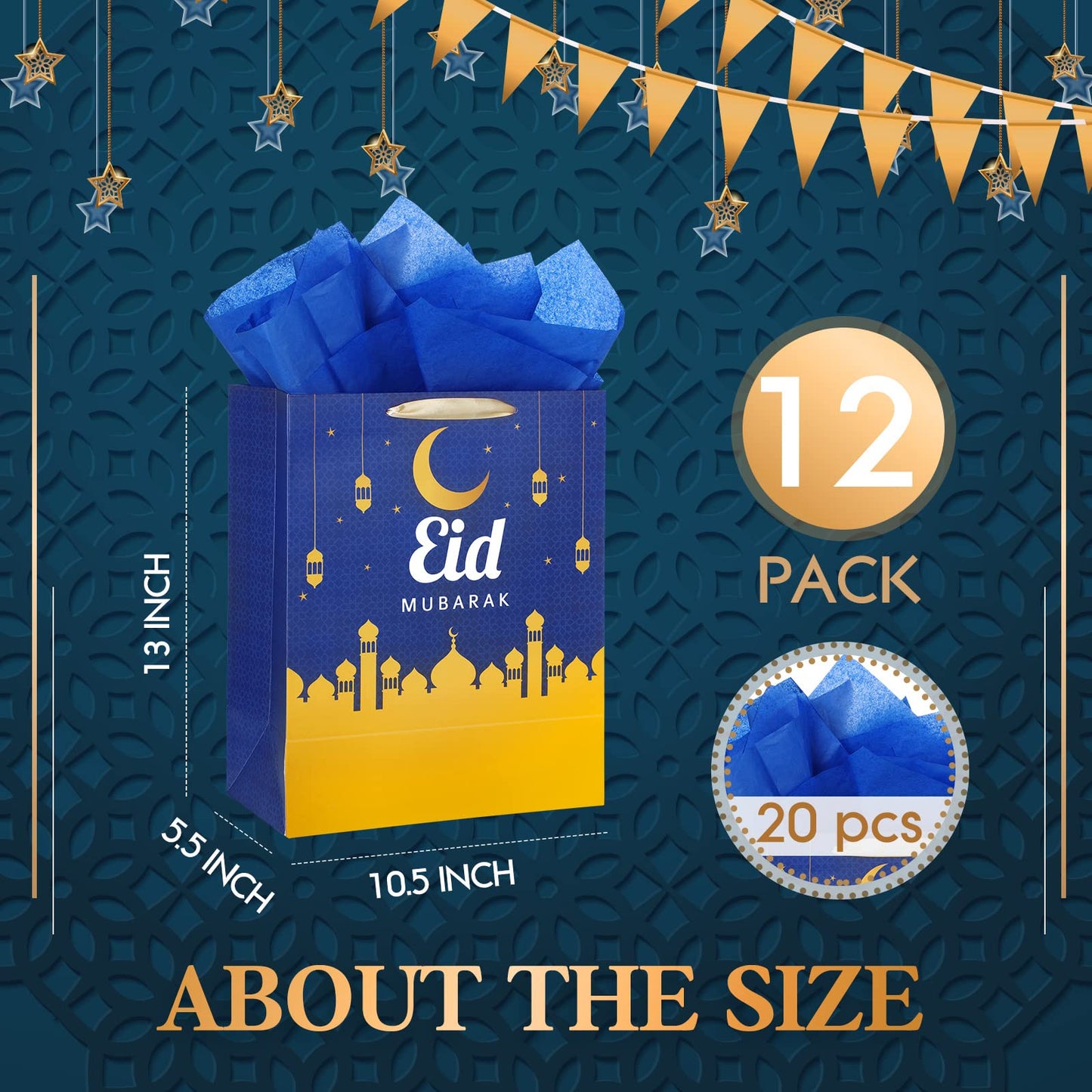 Crtiin 12 Pack Eid Mubarak Gift Bags with Handle 13" Large Paper Eid Gift Bags with Tissue Paper Eid Mubarak Bags Ramadan Gift Bags Eid Goodie Bags Muslim Ramadan Gift Bags for Eid Party Supplies