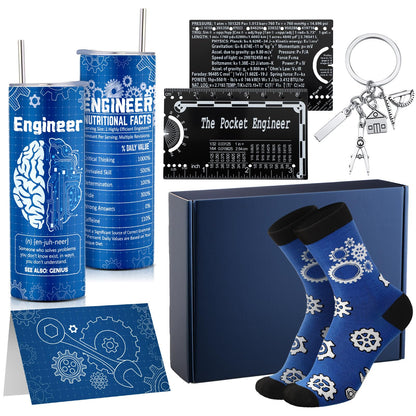 Geiserailie 6 Pcs Graduation Engineer Gifts Set for Men Include Tumbler Cup, Engineering Ruler, Socks, Keychain, Greeting Card, Gift Box for Mechanical Engineering Student Retirement Graduation