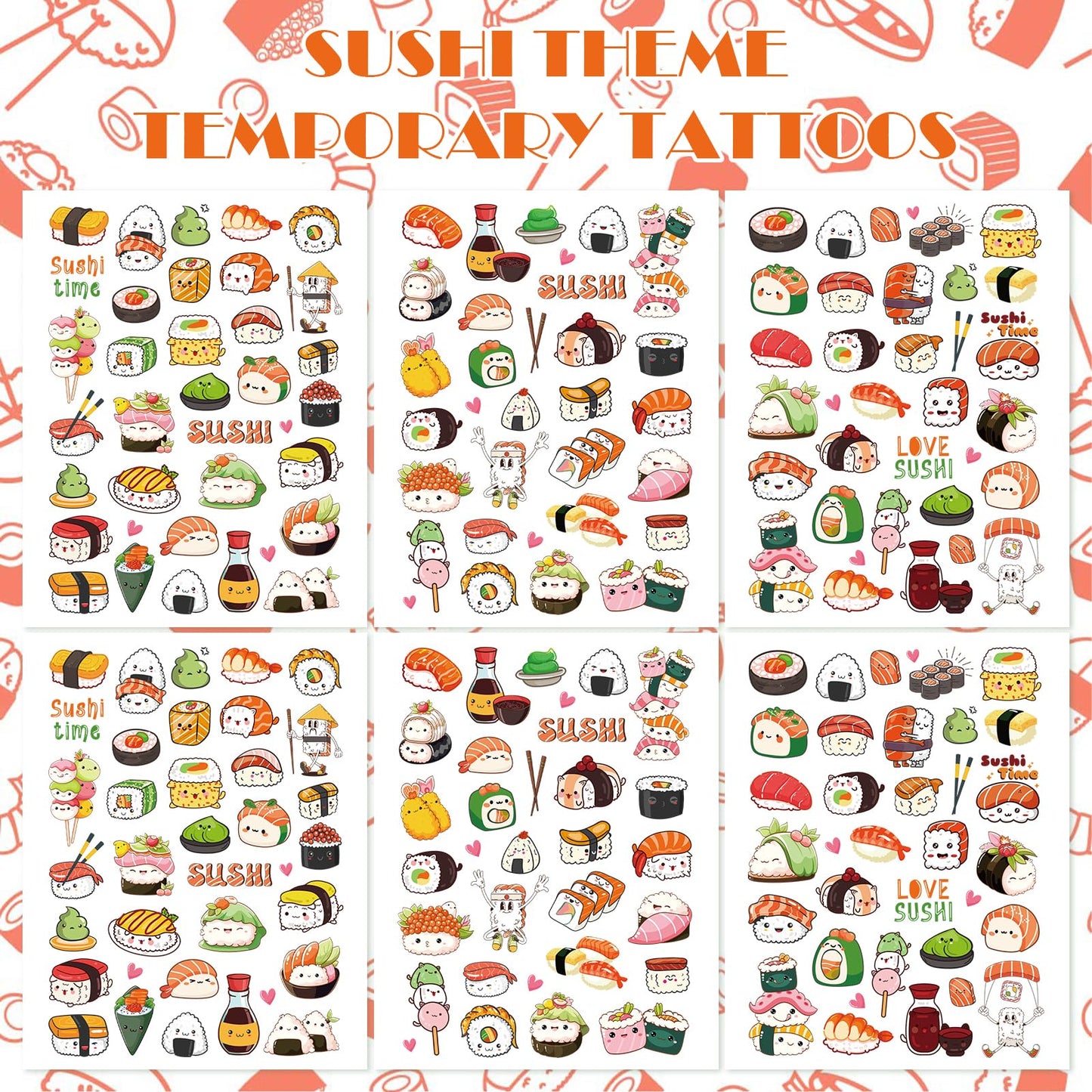 Sushi Temporary Tattoos Stickers, Japanese Theme Tattoo Stickers for Kids, Birthday Party Favors Goodie Bag Fillers Supplies Decorations, Classroom School Prizes Rewards Gifts(6 Sheets)