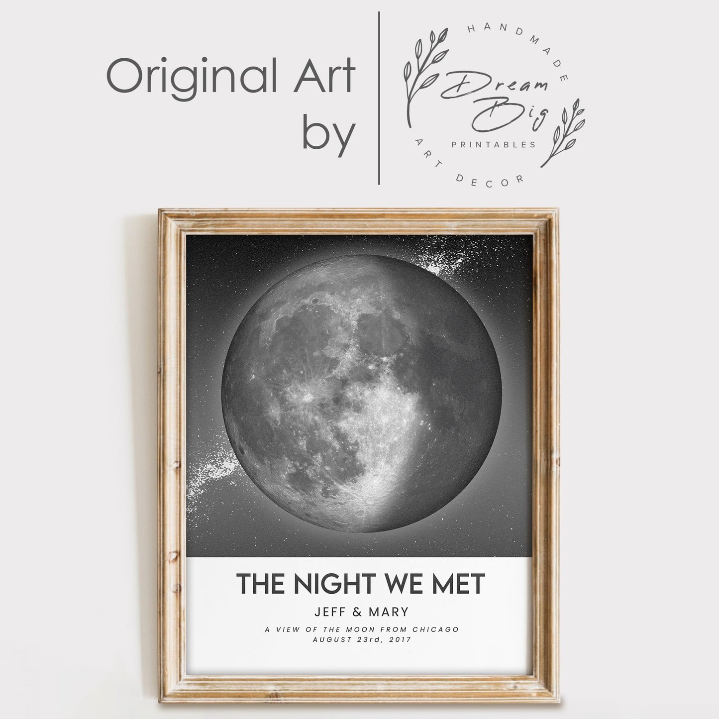 DREAM BIG PRINTABLES Custom Moon Phase Gift for Specific Date | Romantic Gifts for Her | Gifts for Husband | Personalized Night Sky | Paper Anniversary | Grey with Polaroid Border & Back Glow
