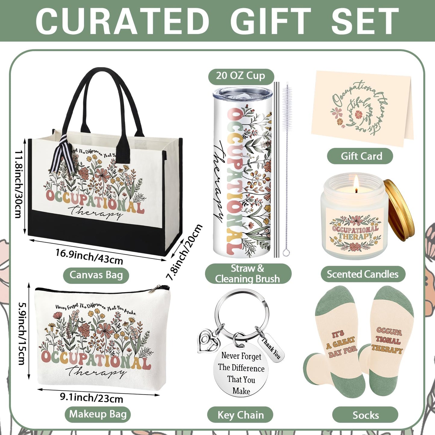 Patelai 7 Pcs Occupational Therapy Gifts for Women 2026 Ot Gifts with 20 oz Tumbler Canvas Tote Bag Makeup Bag Occupational Therapist Speech Appreciation Gift Set for National Ot Month