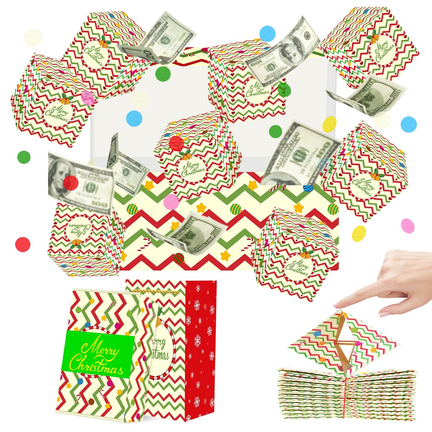 Christmas Surprise Money Gift Box with Confetti, Xmas Exploding Gift Box with 12 Folding Bounce Boxes, Confetti Explosion for Birthday, Party, Kids, Women, Men, Money Holder Box with Gift Bag