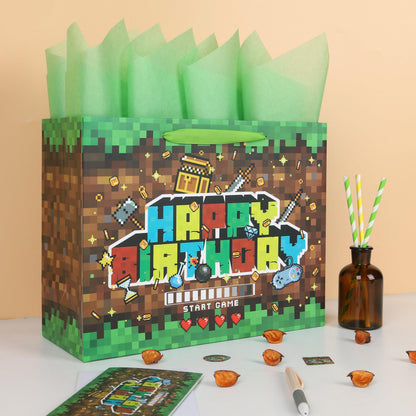 wishinside 13'' Large Game Birthday Gift Bag Set with Handles, Greeting Card, Black Tissue Papers and Stickers for Boys Kids Teens, Game-Themed Design, 1 Pcs