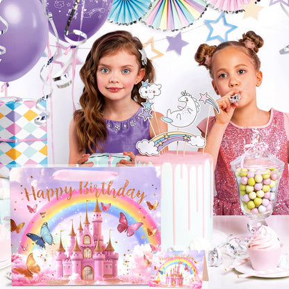 JOARHONAL Princess Castle Gift Bag - 13" Large Happy Birthday Gift Bag with Tissue Paper and Card for Girls Kids Pink Princess Themed Birthday Party Supplies