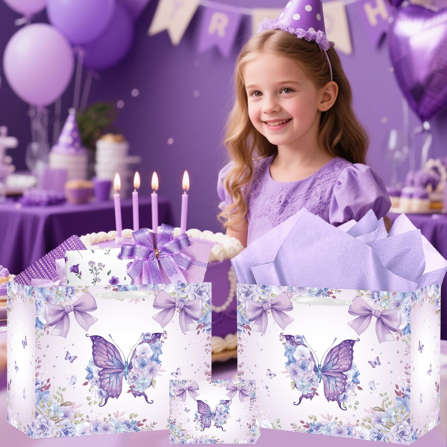 SolarGlory Large Butterfly Birthday Gift Bag with Card & Tissue Paper – Purple Happy Birthday Party Favors for Women, Girls, Baby Shower, Bachelorette Theme Party Decorations