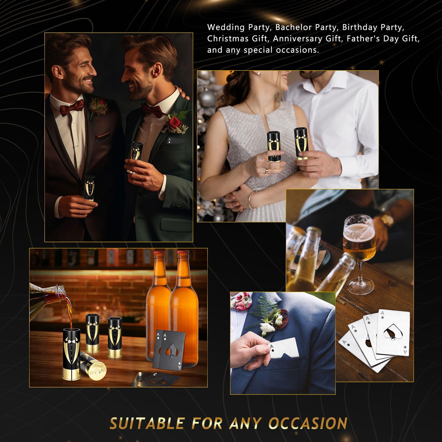 Yoption 16 Pcs Groomsmen Gifts Set, 8pcs Gauge Shot Glasses with 8pcs Credit Card Size Bottle Openers for Wedding Party Proposal Groomsmen Bridesmaid Favors