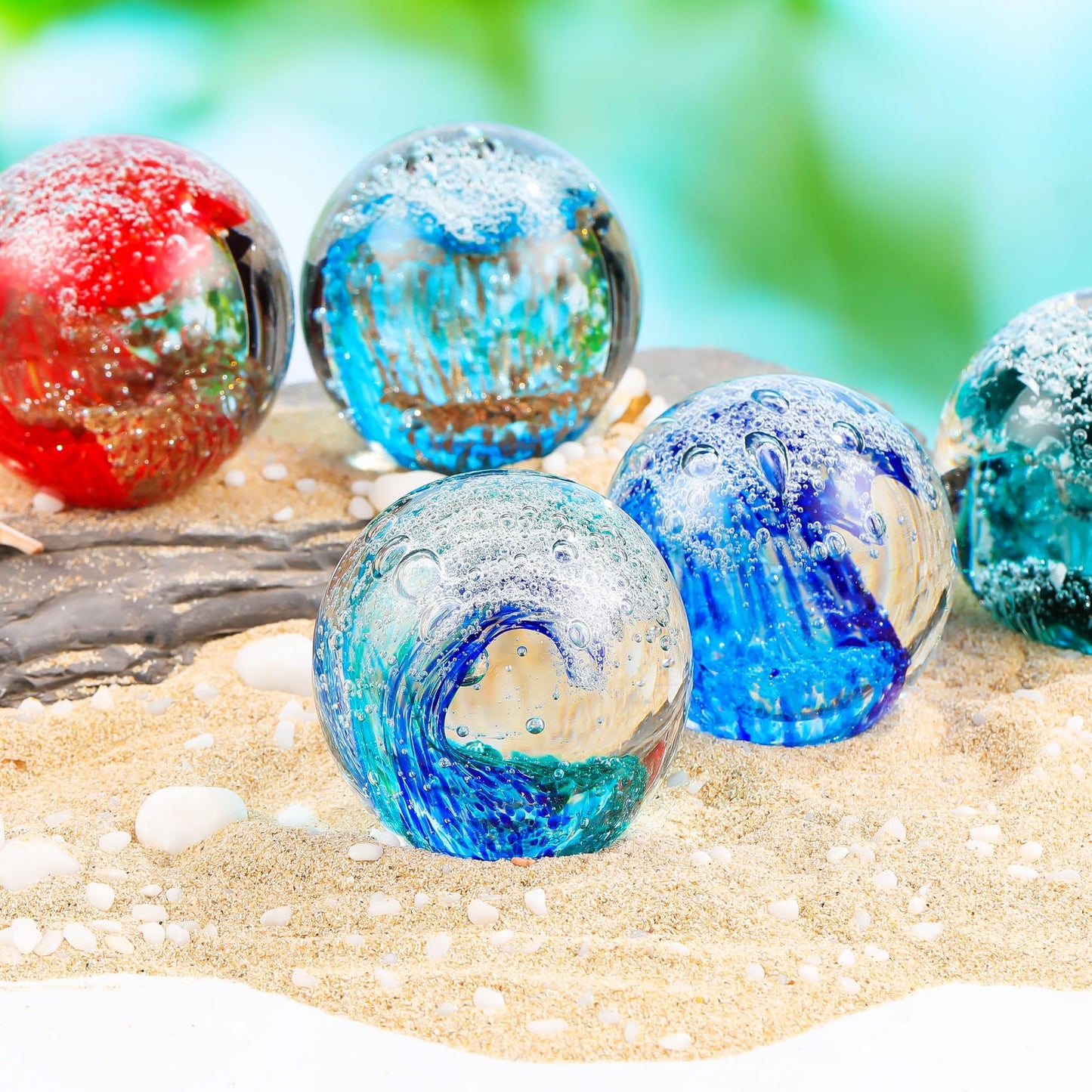 YWHL Hand Blown Ocean Decor Glass Waves Figurines Ball, Ocean Themed Gifts for Women Men, Sea Glass Decoration Collectible Figurines Paperweight for Home Office Decor