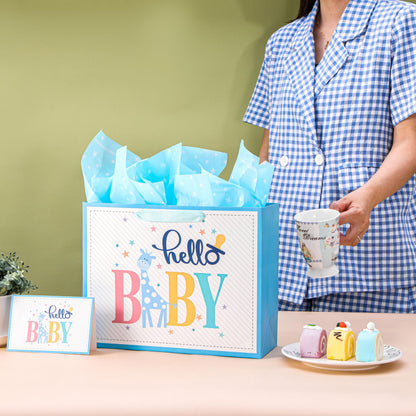 ROSYJUNE 13" Large Baby Gift Bag with Tissue Paper and Greeting Card for Baby Shower, Birthday