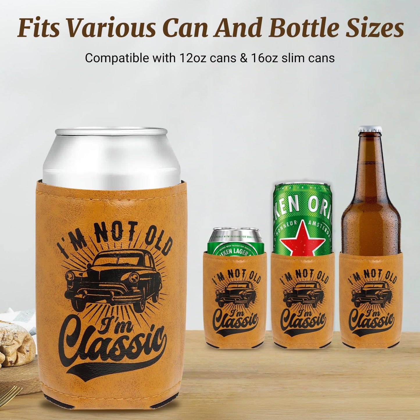 Men Birthday Gifts Ideas,Retirement Gifts for Men,Gift for Dad From Daughter,I'm Not Old I'm Classic Leather Can Cooler,Fun Gift forMen,Dad,Him,Husband,Grandpa,Leather Can Cooler for Mens 12OZ