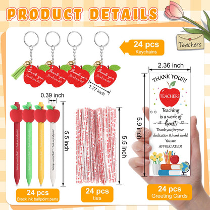Kosiz 24 Sets Teacher Appreciation Gifts Bulk for Women Men Include Retractable Ballpoint Pens Thank You Keychain End of Year Gifts Greeting Card with Ties(Apple)
