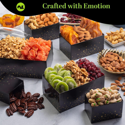 NUT CRAVINGS - Fathers Day Treats, Gift For Dad, Dried Fruit & Mixed Nuts Gift Basket, Black Tower + Heart Ribbon (12 Assortments) Food Arrangement, Healthy Snack Care Package, Kosher