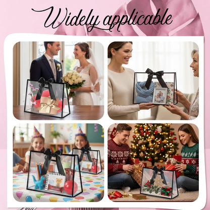 Oqqlin 12 Pcs Black Clear Gift Bags with Handles, 12.2 x 5.1 x 9.8 Inch Plastic Party Favor Bags with DIY Ribbon Reusable Goodie Tote Bag for Wedding, Birthday, Valentine's Day, Baby Shower