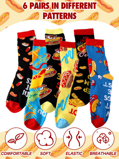 Haysandy 6 Pairs Funny Food Socks for Men Novelty Snack Lover Gift Crazy Design Socks for Pepper Bacon Hot Dogs Burger Pizza