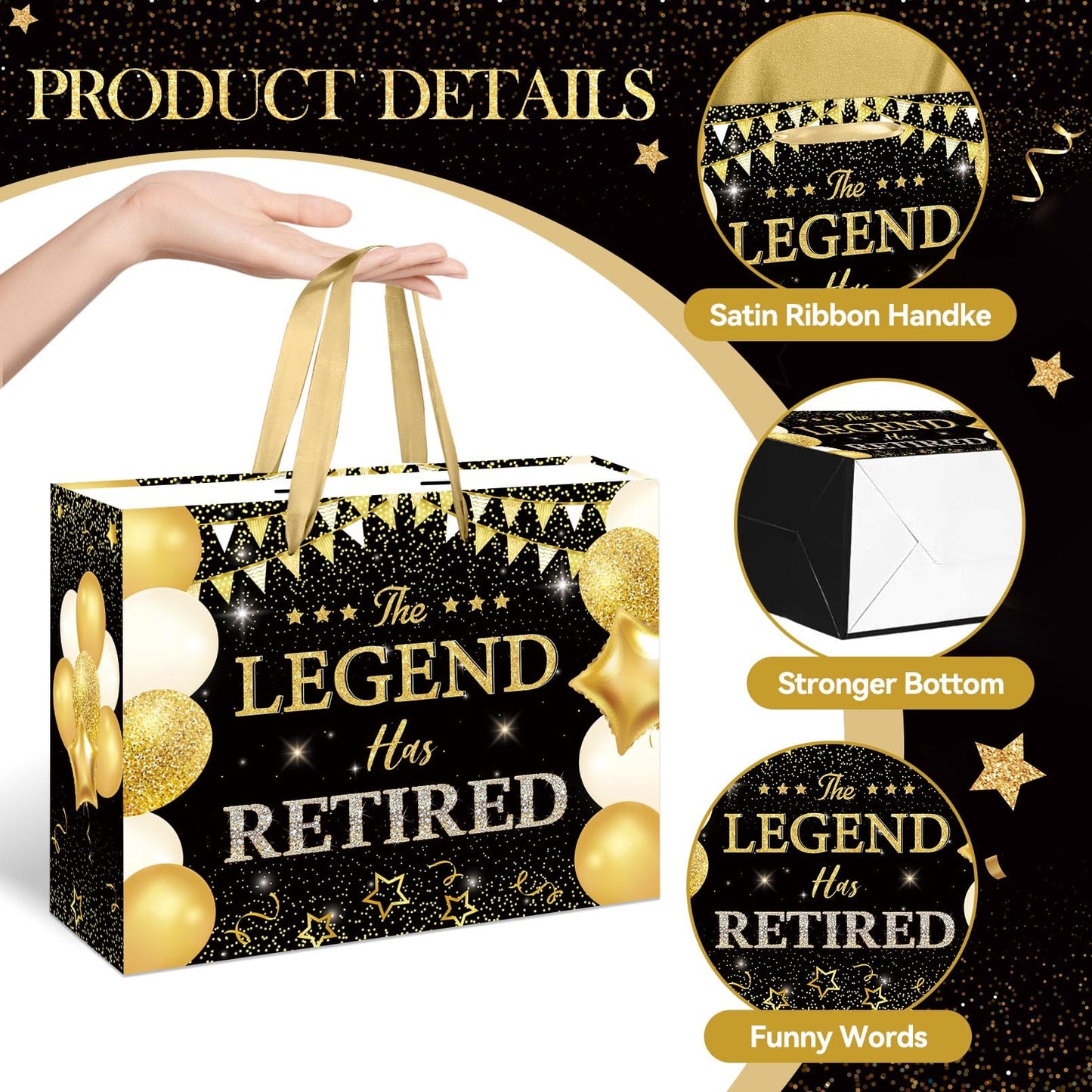 HSKMAKE Black Gold Retirement Gift Bag The Legend Has Retired Large Gift Bag with Greeting Card Gold Tissue Paper for Women Men Coworker Farewell Going Away Party Favors Decorations Supplies